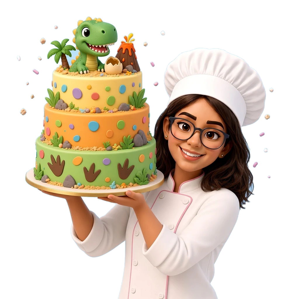PROLA chef lifting a dinosaur cake